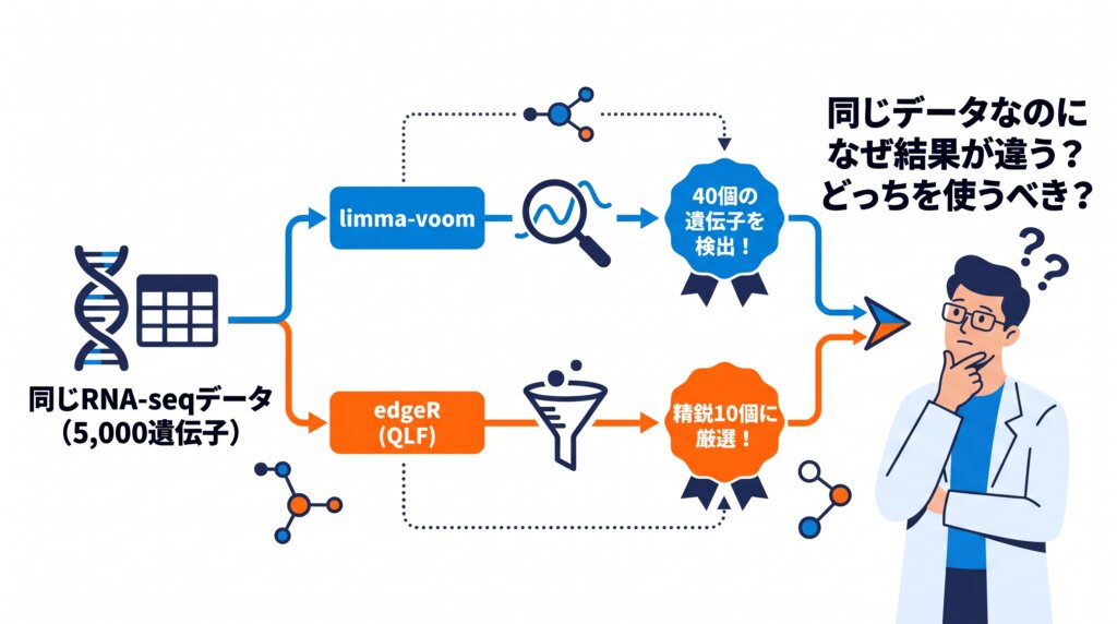 RNA-seq解析におけるlimma-voom(40遺伝子検出)とedgeR準尤度F検定(10遺伝子検出)の結果の違い