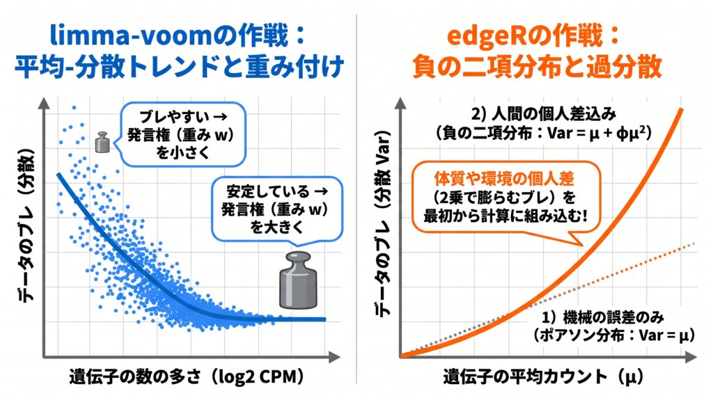 CPM正規化の分母膨張の罠とedgeRのTMM正規化(上下30%トリミング・MAプロット)の比較図解